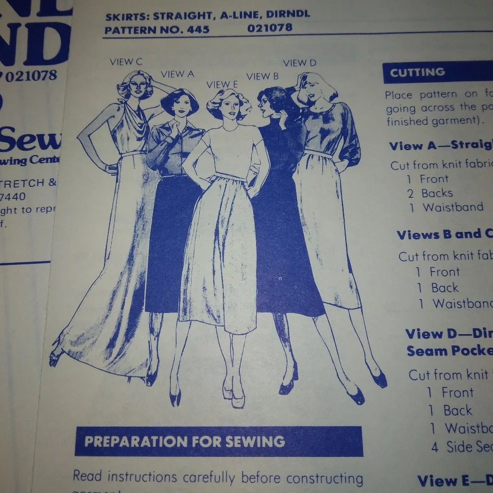 STRETCH & SEW 445 Misses Straight, A-Line, Drindl Skirts, Hip Size 30-46